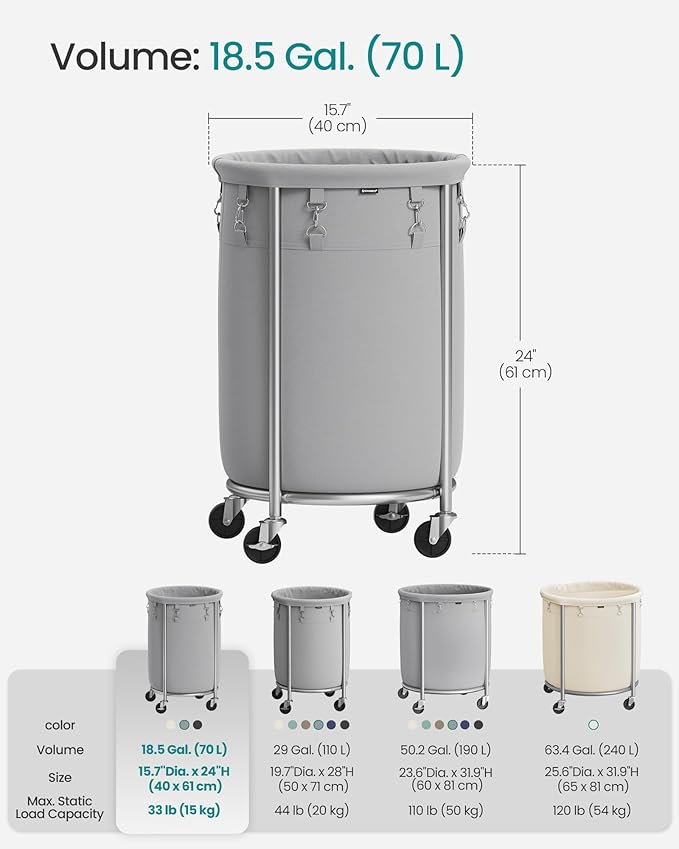 SONGMICS 18.5-Gallon (70 L) Laundry Basket with Wheels, Rolling Round Heavy-Duty Laundry Hamper Cart with Steel Frame and Removable Bag, 2 Locking Wheels, Gray and Metallic Silver URLS006G01