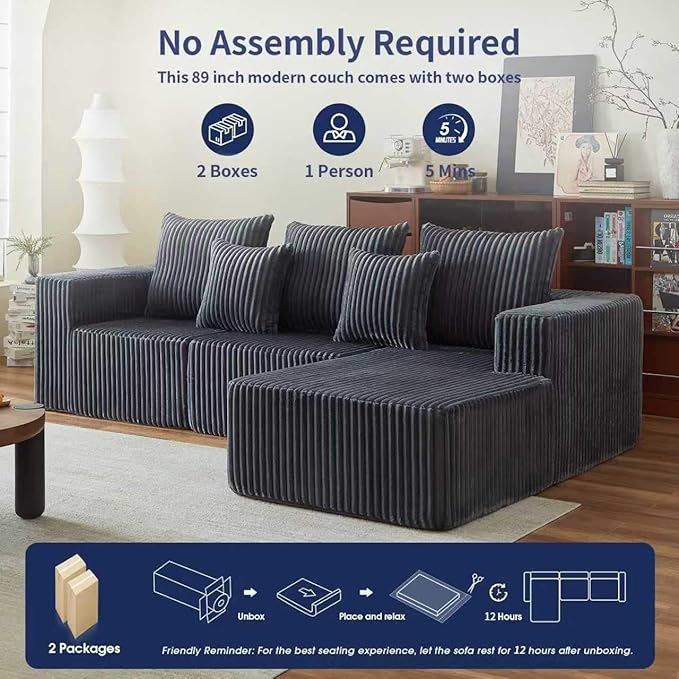 Boneless Couch for Living Room-102 Cloud Couch with Deep Seat,L-Shaped Comfy Sofa for Bedroom,Compressed Sofa in a Box,No Assembly Required(Corduroy,Grey)