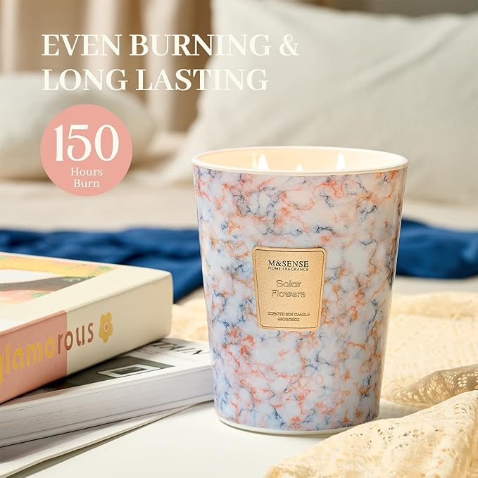 M&SENSE Extra Large Candle 35oz 150H SolarFlowers Scented Candle,3 Wick Highly Scented Jar Candle, XL Candles Gift for Stress Relief, Meditation, Yoga