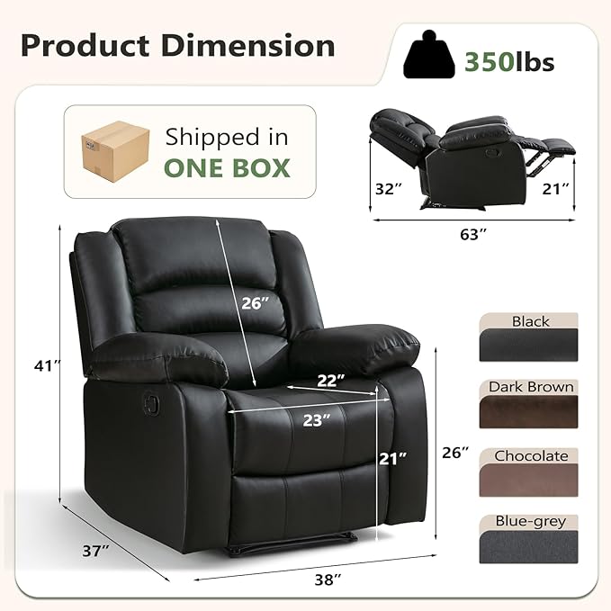 ANJ Black Recliner Chair with Overstuffed Arm and Back, Breathable Faux Leather Manual Reclining Chairs, Living Room Single Sofa Recliners
