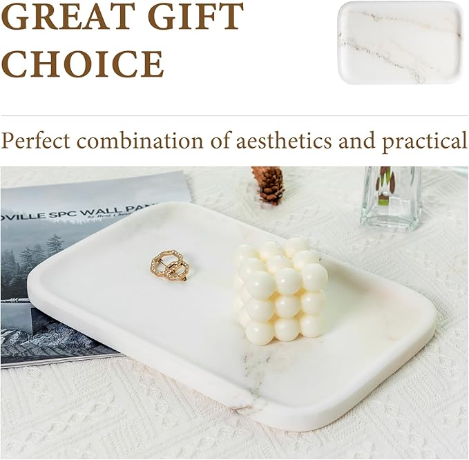 Koville Marble Tray, 12"x8" Marble Vanity Tray for Bathroom Kitchen Countertop, Rectangular Stone Tray for Cosmetics Perfume Trinket, Decorative Catchall Trays (Oriental Calacatta)