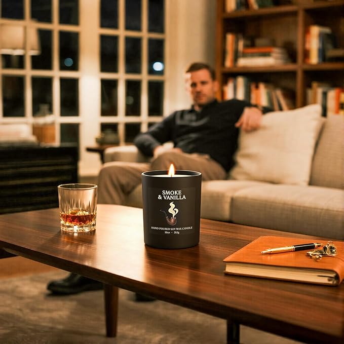 NORVENCE Candles for Men, Smoke ＆ Vanilla Scented Candle Gifts for Men and Women, 10oz Soy Candles with Bamboo Lid for Home Scented, Birthday Gifts for Men