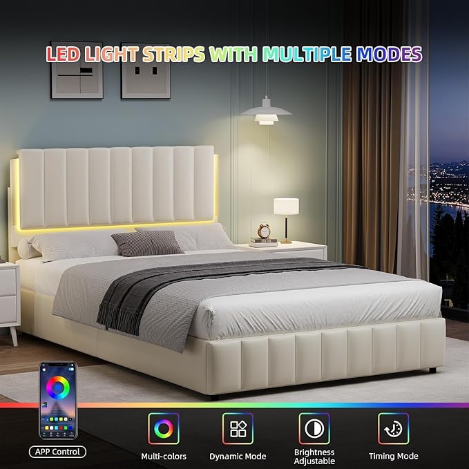 Queen Bed Frame with LED Lights and Headboard, Modern Upholstered Faux Leather Platform Bed with Wooden Slats Support, No Box Spring Needed, Easy Assembly, Cream