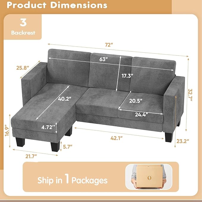 VICTONE Convertible Sectional Sofa Couch, 3 Seat L-Shaped Sofa with Linen Fabric Ottoman Small Couch for Small Apartments, Living Room and Office (Corduroy, Gray)