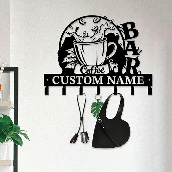 Coffee Bar Keys Holder - Metal Iron Wall Hooks with Custom Name | Personalized Home Decor & Gift Idea | Coffee-Themed Text Engraving Design (Style B)
