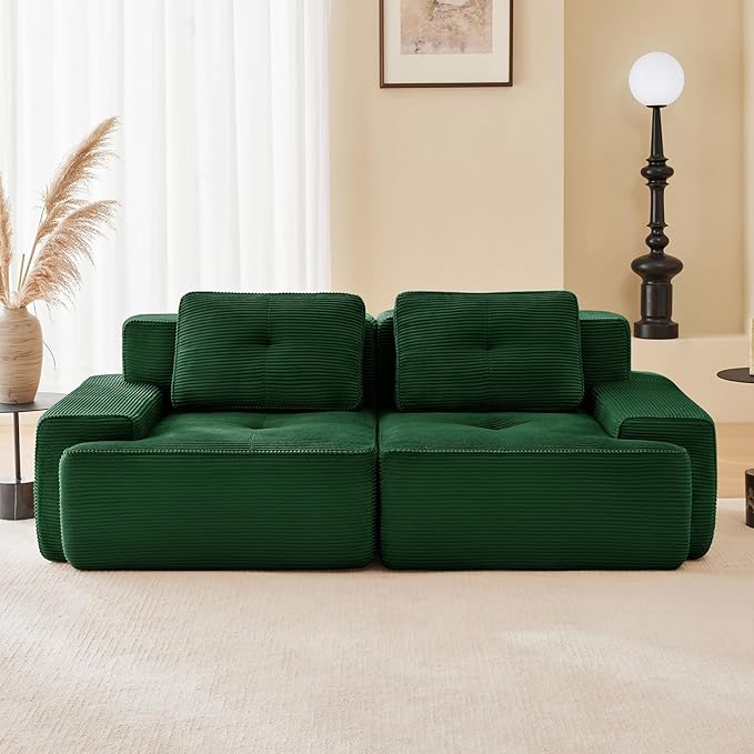 80" Modern Corduroy Boneless Love Seat Couches, 2 Seater Large Sectional Couches for Living Room, Green Cloud Modular Sectional Sofa, Memory Foam, Extra Deep Loveseat, No Assembly