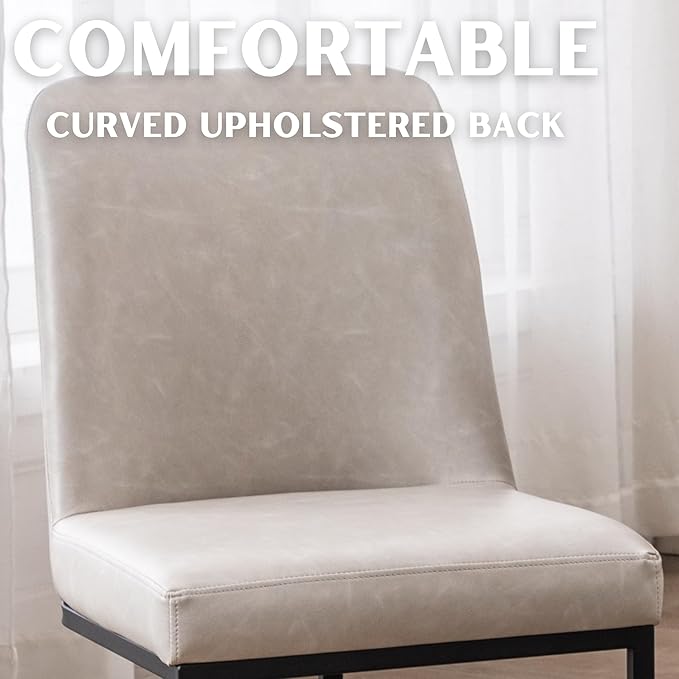 Grey PU Leather Dining Chairs Set of 2 Mid Century Modern Comfortable Dining Room Chair with Curved Backrest, Upholstered Kitchen Side Chairs with Black Metal Legs