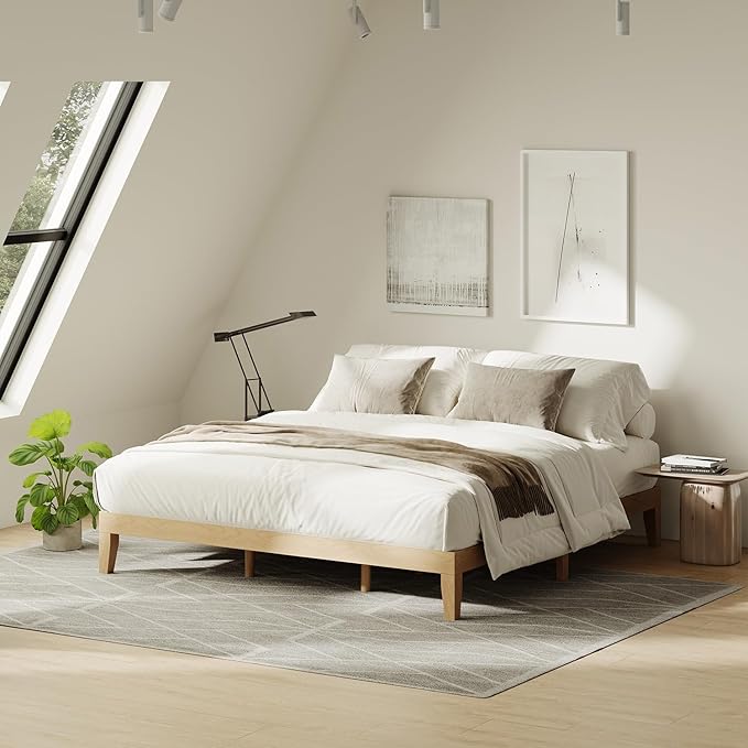 King Size Wood Platform Bed Frame, 12 Inch Solid Wood Bed Frame with Wooden Slats, No Box Spring Needed, Easy Assembly, Rustic Pine