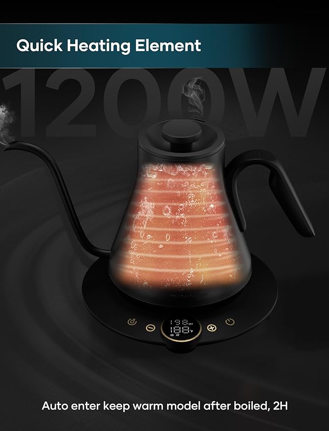 Gooseneck Electric Kettle with ±1℉ Temperature Control for Pour Over Coffee & Tea, Quick Heating, BPA-Free Stainless Steel, Built-in Brew Timer, 1500W/0.9L (Black Walnut)