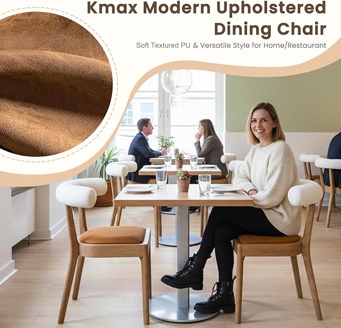 Kmax Dining Room Chairs Mid-Century Modern Leather Kitchen Chairs with Natural Walnut Finished Frame, Fur White Curved Back, 2-Pcs Set, PU Brown