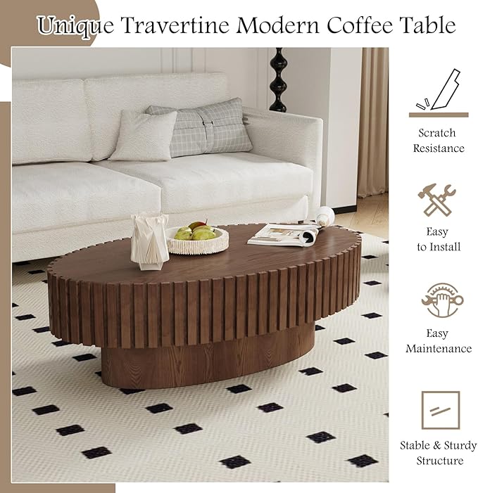 Fluted Coffee Table 43.3" Oval Wood Coffee Tables Modern Handcraft Drum Coffee Table with Solid Wood Relief Sturdy Pedestal Accent Table for Living Room Home Office (Dark Brown)