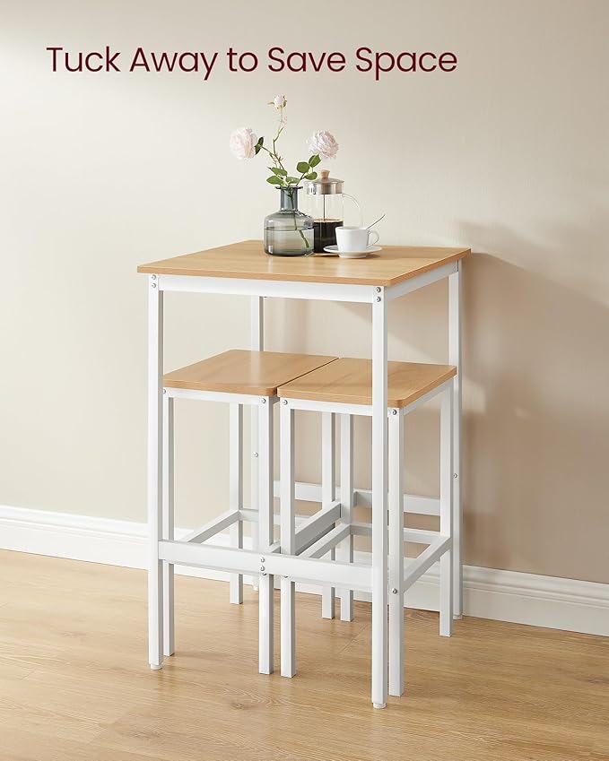 VASAGLE Bar Table and Chairs Set, Square Table with 2 Stools, Dining Pub Set for 2, Space Saving for Kitchen Breakfast, Living Room, Party Room, Golden Oak and Cloud White