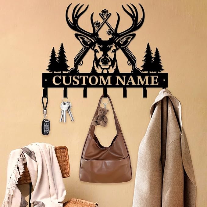 Personalized Custom Name Hunting Deer Wall Key Hooks,Metal Hunting Art Clothes Hooks,Metal Hunting Wall Home Storage Decorative,Hunter For Front Door, Hallway, Kitchen, Bedroom,Keys,Hats (Style I)
