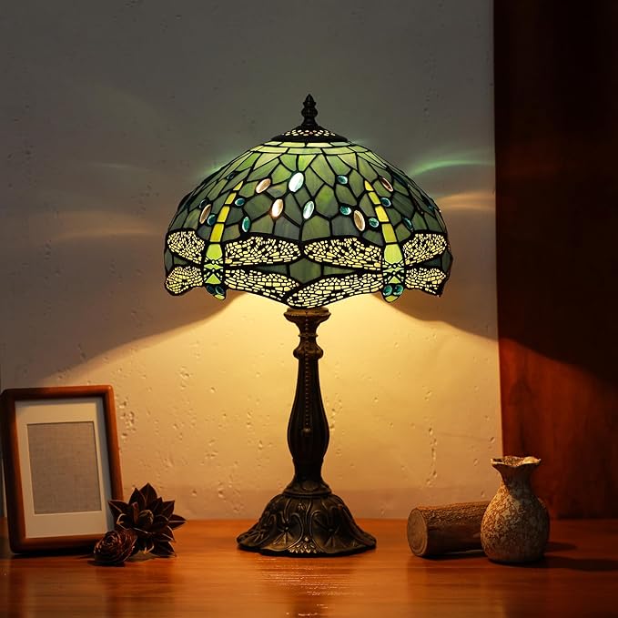 Tiffany Lamps Sea Blue Dragonfly Style Stained Glass Table Lamp Desk Bedside Reading Light 12X12X18.5 Inches with Bronze Resin Base Applicable to Bedroom Living Room Office