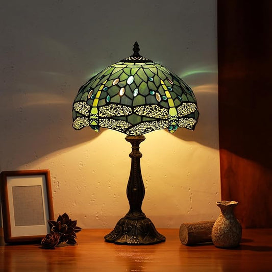 Tiffany Lamps Sea Blue Dragonfly Style Stained Glass Table Lamp Desk Bedside Reading Light 12X12X18.5 Inches with Bronze Resin Base Applicable to Bedroom Living Room Office