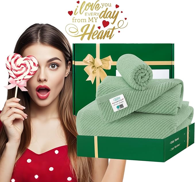 VOOVA & MOVAS Green Towels for Bathroom, 100% Cotton | Quick Dry | Soft | Thick, 3 Piece Towel Set, 1 Large Bath 30" x 56", 1 Hand 18" x 28", 1 Wash Cloth 13" x 13", Bathroom Essentials, Sage Green