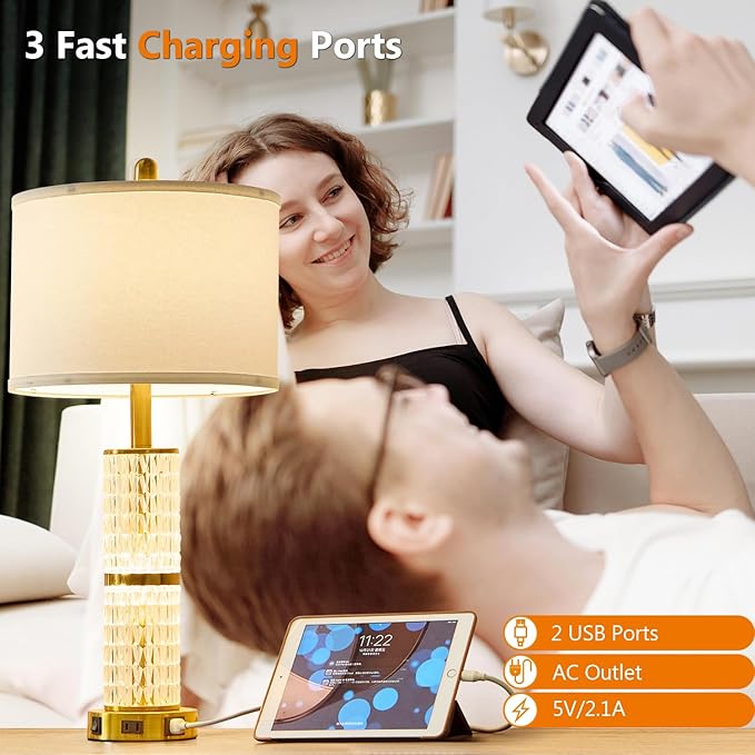 Crystal Table Lamps Modern 3-Way Dimmable Bedside Lamp with 2 USB Ports & AC Outlets for Living Room Bedroom Nightstand Lamp Night Light