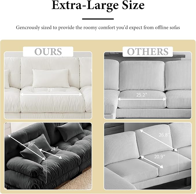 133.8" Oversized Couch, 3 Seater Modular Sectional Sofa, Grey Large L Shaped Fluffy Couch Set, Chenille Cloud Sofas with Ottoman for Living Room