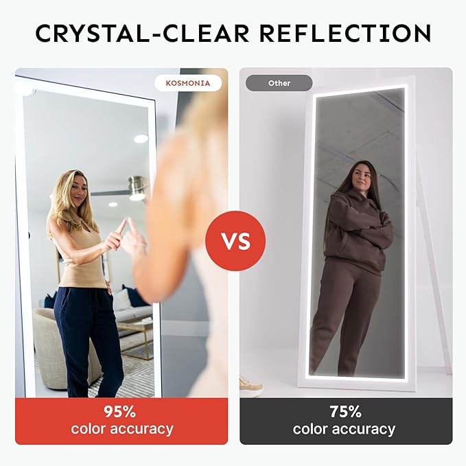 Kosmonia 68x20 Full Length Mirror, Dimmable 3 Color LED Light w/Light Memory, Distortion Free Silver Coating Mirror, HD Reflection &Anti Desilvering,Tempered Glass &Shatter Proof Film Doubles Safety