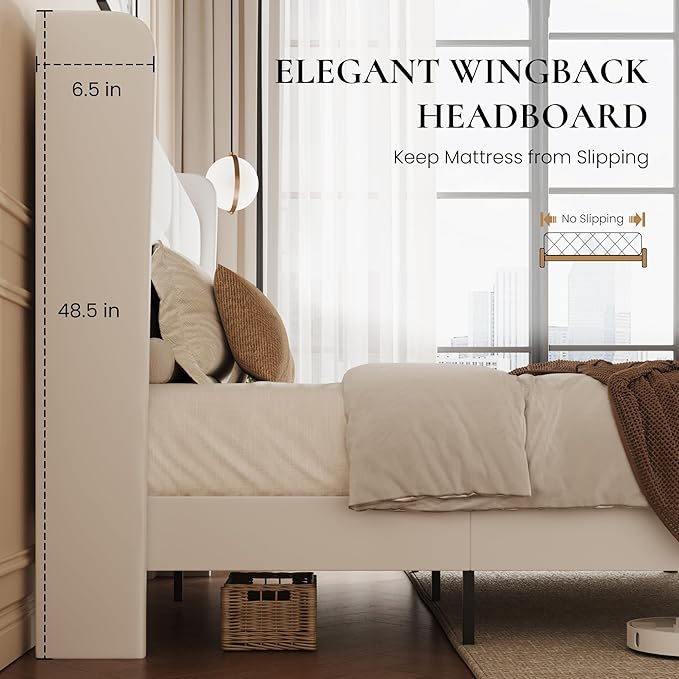 SHA CERLIN Full Size Bed Frame with Charging Station & Storage Headboard, Velvet Platform Bed with Upholstered Modern Wingback Design, Wooden Slats Support, No Box Spring Needed, Easy Assembly, White