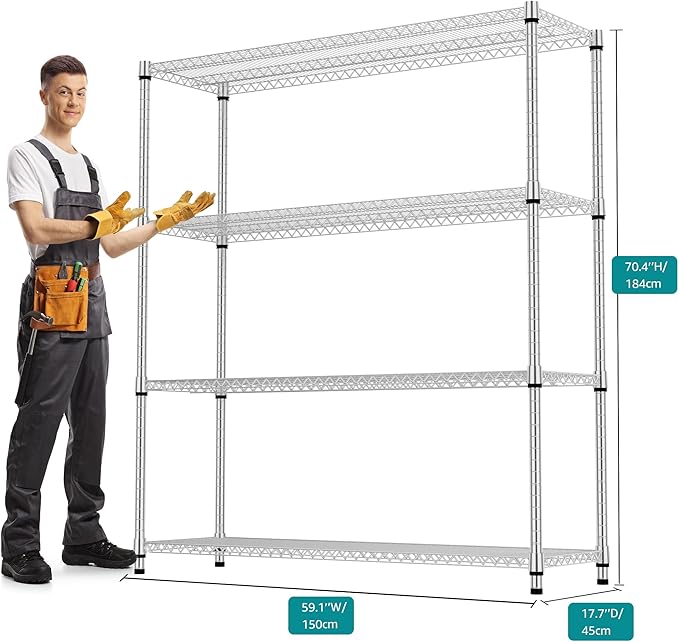 4 Tiers Shelf 2640 lbs Steel Storage Shelving Utility Shelving Unit Steel Organizer Wire Rack for Home,Kitchen,Office,Garage Chrome 17.7" D x 47.2" W x 70.3" H