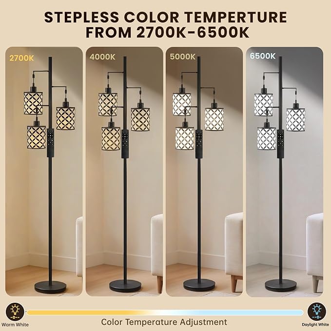 New Upgraded 72" Tall Dimmable Floor Lamp, 3 x 800LM 9W LED Bulbs Included, Farmhouse Standing Lamp with Remote Control, Industrial Tree Pole Floor Lamps for Living Room, Bedroom, Study Room - Black