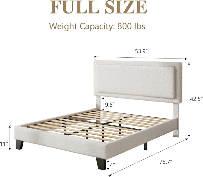 Full Size Bed Frame with Adjustable Headboard, Boucle Cloud Platform Bed with Wood Slats, Mattress Foundation, No Box Spring Needed, Easy Assembly, Beige