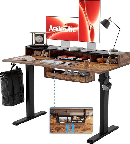 Agilestic Glass Standing Desk with Storage, 48 Inch Electric Adjustable Desk with Glass Shelf and Cable Management, Sit Stand Up Home Office Computer Table, Splice Board, Rustic Brown