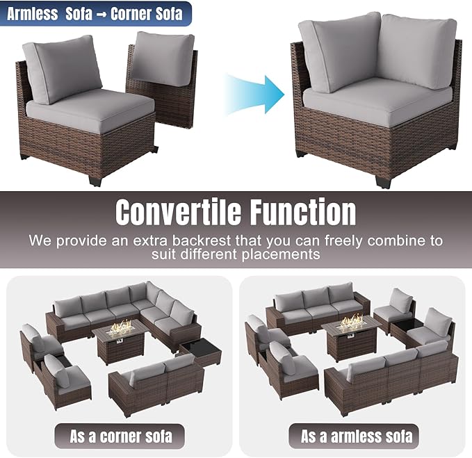 Aoxun 13 Pieces Patio Furniture Set with 44” Fire Pit Table Wicker Rattan Outdoor Sectional Conversation Set with Coffee Table and 4” Thickened Cushions, Gray(Waterproof Cover Included)