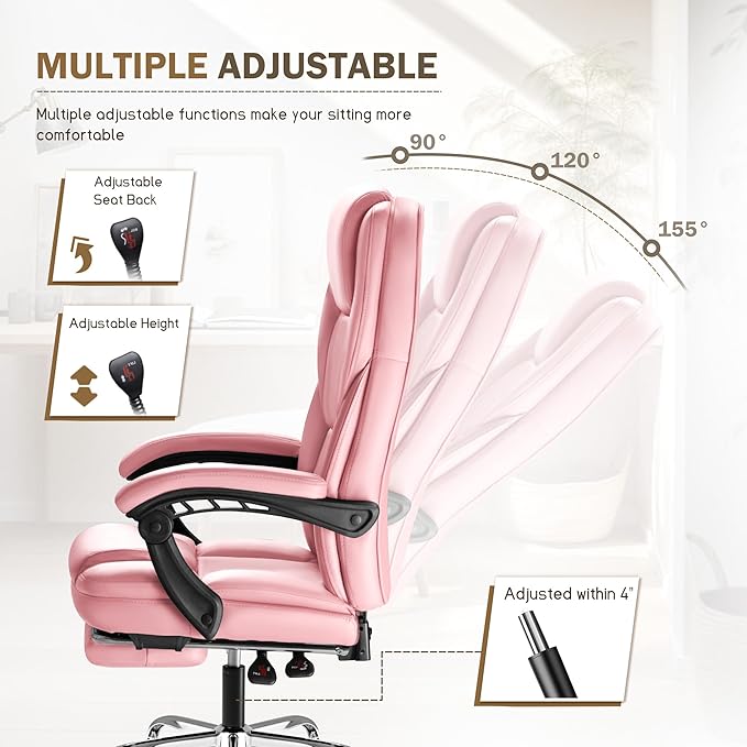 Furmax Executive Office Chair with Foot Rest Big and Tall Office Chair Ergonomic Home Office Desk Chairs Reclining High Back Leather Chair with Lumbar Support, 400LBS (Pink)