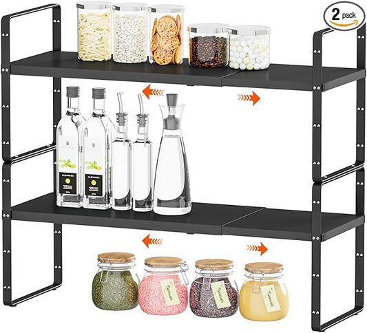 2Pack 16.5-27’’L Expandable Cabinet Countertop Shelf Organizer, Stackable Metal Shelves, Kitchen Organizers and Storage, Black Storage Spice Rack for Pantry and Cupboard