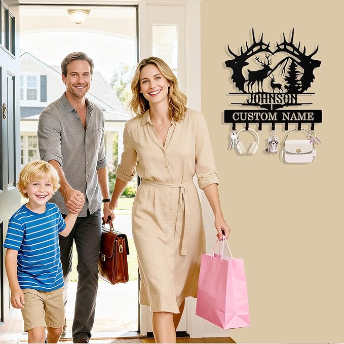 Personalized Deer Key Holder Wall Mount, Custom Metal Keys Hanger for Wall with Name, Custom Key Rack Holder with Hooks for Entryway, Front Door, Hallway, Living Room, Kitchen