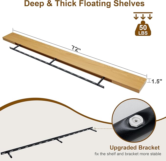 Fun Memories 72Inch Floating Shelves,Wall Mounted Rustic Wood Floating Shelf with Invisible Brackets for Storage & Decor,2 Pack Shelves for Bathroom,Bedroom and Kitchen,Oak