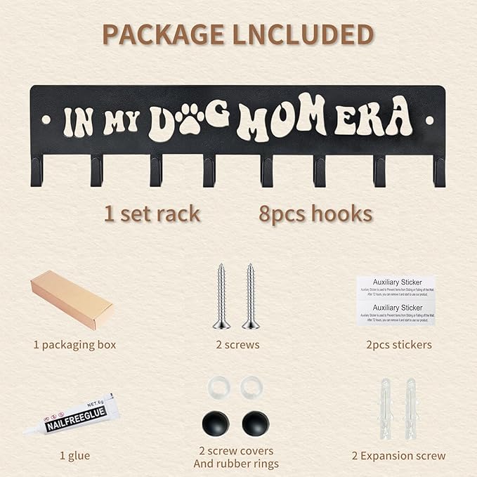 Black Modern Key Holder, 8 Hooks, 11.8x2.56 Inch, Iron, Wall Mount, Dog Leash Holder, Gifts for Dog Lovers