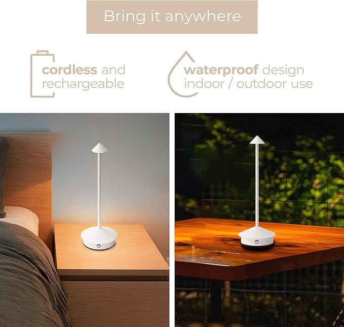 Arrrow LED Cordless USB-C Re-Chargeable Desk Lamp, 5200mAh Battery Operated with 3 Color Temperature 2700K-3000K-3500K and Fingertip Touch On/Off Plus Dimming in White