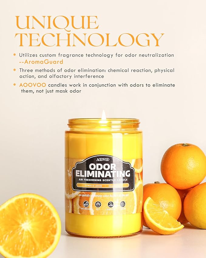 AOOVOO Citrus Lemon Large Odor Eliminating Highly Fragranced Candle - Eliminates 95% of Pet, Smoke, Food, and Other Smells Quickly, Air Freshing Soy Candle, 22 oz Up to 110 Hours Burn time