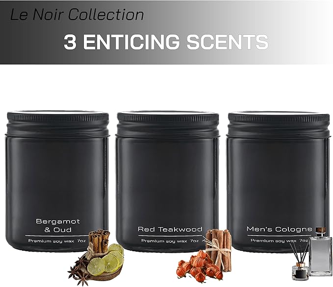 Set of 3 Premium Scented Soy Candles Gift Set | Le Noir Collection - Men’s Cologne, Red Teakwood, Bergamot & Oud | Crackling Wood Wick | Luxury Candles for Relaxation, Home Décor & Gifts | 9.8oz Each