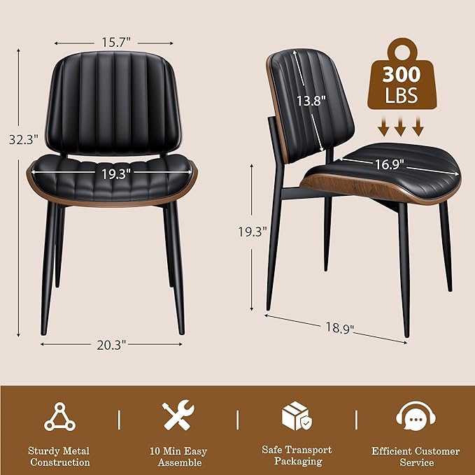 Dining Chairs Set of 8, Mid-Century Modern Upholstered PU Leather Chairs with Walnut Bentwood Back and Metal Legs Adjustable Feet for Kitchen Dining Living Room, Dark Black Vertical Stripes