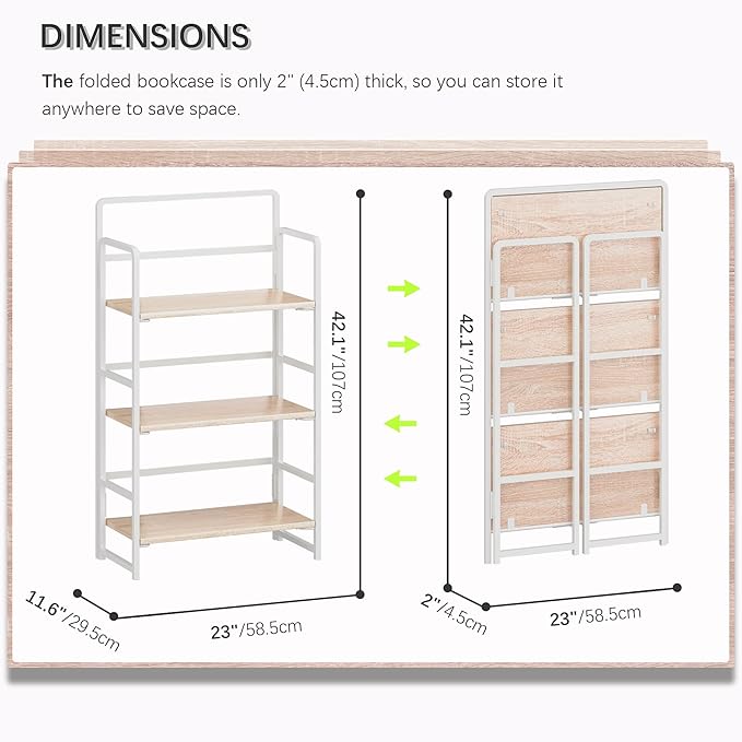 4NM No Assembly Folding Bookshelf, 3-Shelf 42.1" H Collapsible Foldable Bookcase Storage for Small Spaces, Natural White