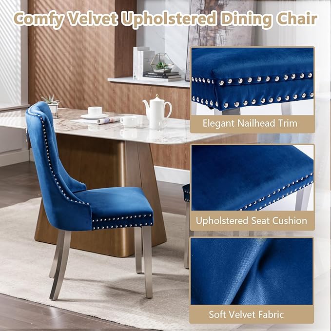 Goujxcy 3 Piece Round Glass Dining Table Set for 2, 36" Round Dining Table & Chair Set Modern Circle Glass Kitchen Table and 2 Velvet Upholstered Chairs for Kitchen Dining (Silver Table & Blue Chair)