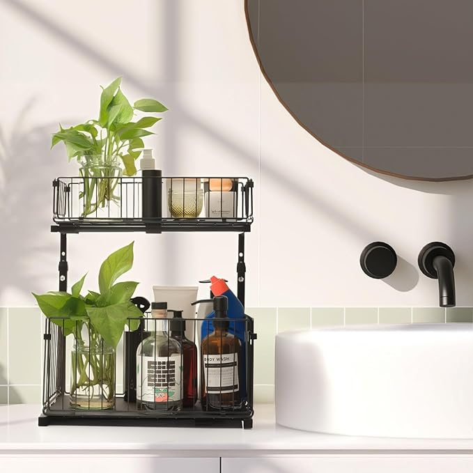 Under Sink Organizer, Multi-Purpose Sliding Cabinet Storage 2 Tier Sink Organizer, Adjustable Kitchen Organizers and Storage, Easy Install & Clean, Black