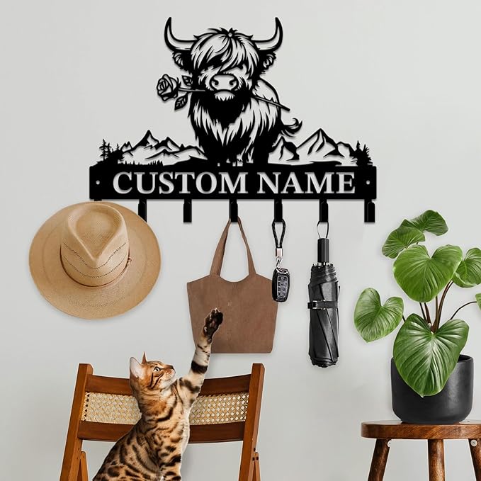 Personalized Highland Cow Metal Keys Hooks,Custom Name Metal Highland Cow Keys Hooks,Black Metal Highland Cow Wall Home Storage Decorative Keys Hooks,Key Holder Hooks for Wall (Style D)