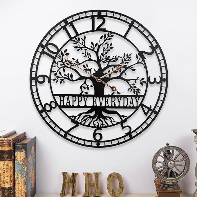 Tree of Life Wall Clock,Metal Black Large Wall Clock, 24inch Oversized Wall Clock for Living Room Bedroom Home Decor,Silent Mid-Century Clock,Modern Family Tree Clock
