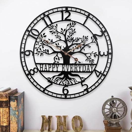 Tree of Life Wall Clock,Metal Black Large Wall Clock, 24inch Oversized Wall Clock for Living Room Bedroom Home Decor,Silent Mid-Century Clock,Modern Family Tree Clock