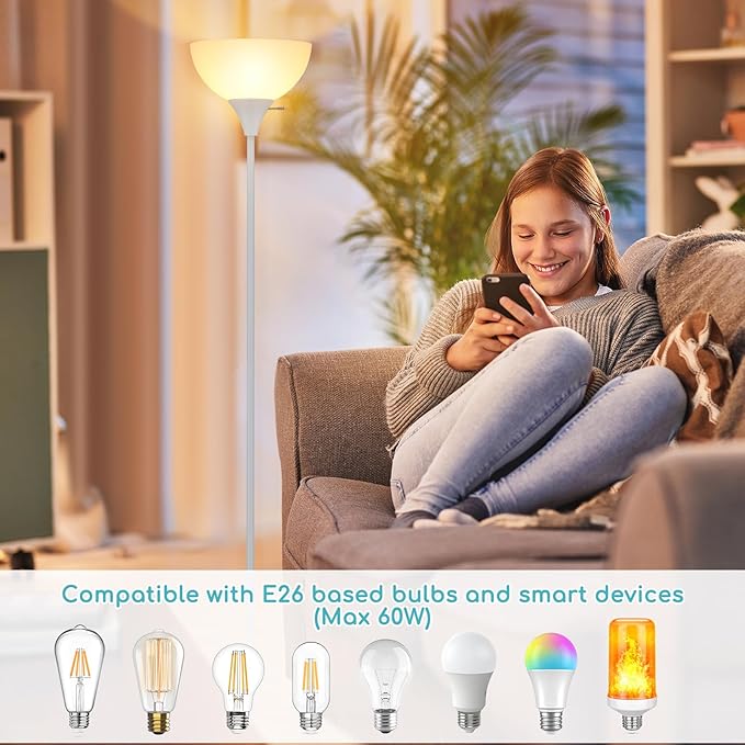 Floor Lamp, LED Standing Lamps with White Plastic Shade, Corner Floor Lights for Living Room Bedroom, Rotary Switch, Bulb not Included, White