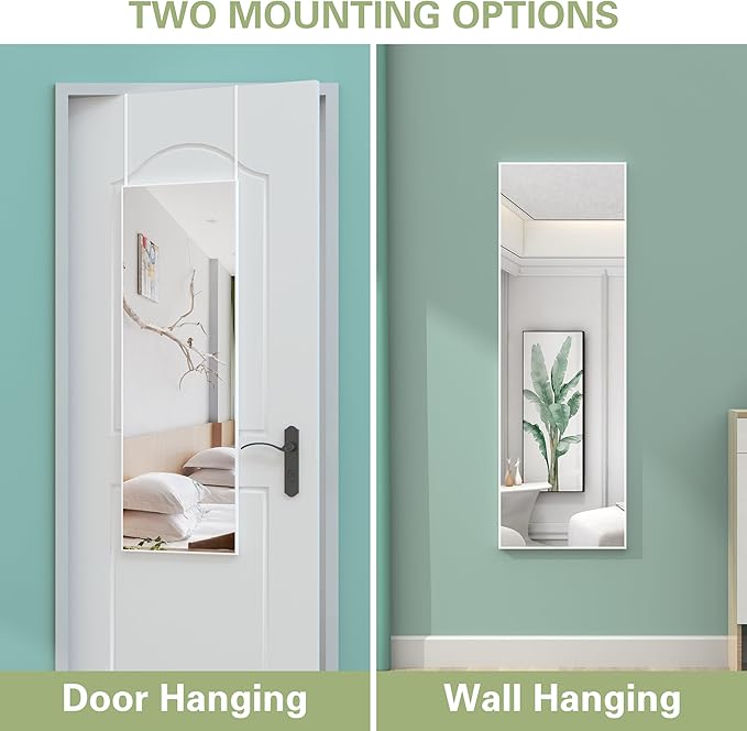 ANYHI Over The Door Mirror, 42"x14" Full Length Mirror for Wall Mirror, 2 Hooks, Aluminum Frame, for Bedromm Bathroom, White