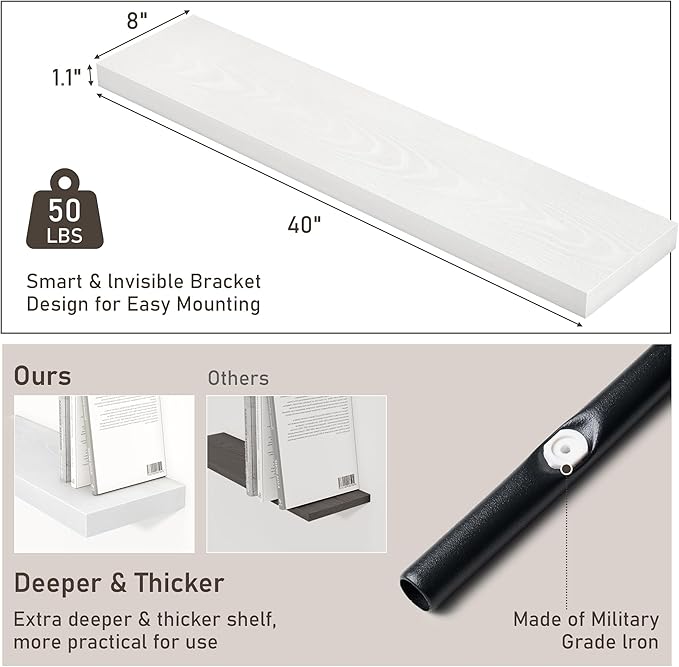 Fun Memories 40" Floating Shelves for Wall, 8 Inch Deep Floating Shelf for Books, Deep Bathroom Shelves Wall Mounted, Rustic Display Shelf for Kitchen, Bedroom, Living Room, White Color, 2 Pack