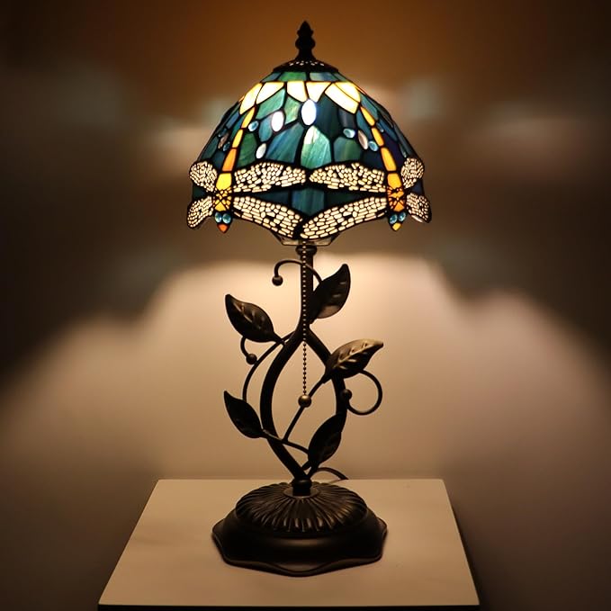 Small Tiffany Lamp Yellow Dragonfly Style Stained Glass Table Lamps Desk Bedside Reading Light 8X8X18 Inches with Bronze Metal Leaf Resin Base