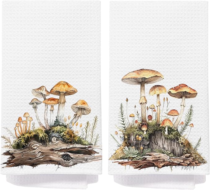 Mushroom Bathroom Decor Hand Towels, Mushroom Gifts for Women, Cottagecore Decor Dish Tea Towels, Rustic Botanical Mushrooms Hand Towel for Bathroom Kitchen, 16x24 Inch Set of 2