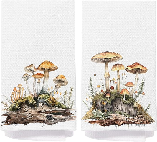 Mushroom Bathroom Decor Hand Towels, Mushroom Gifts for Women, Cottagecore Decor Dish Tea Towels, Rustic Botanical Mushrooms Hand Towel for Bathroom Kitchen, 16x24 Inch Set of 2